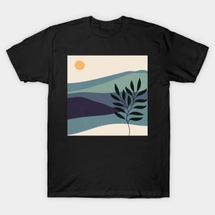 Contemporary abstract mountains and hills landscape with leaves branch digital design illustration T-Shirt